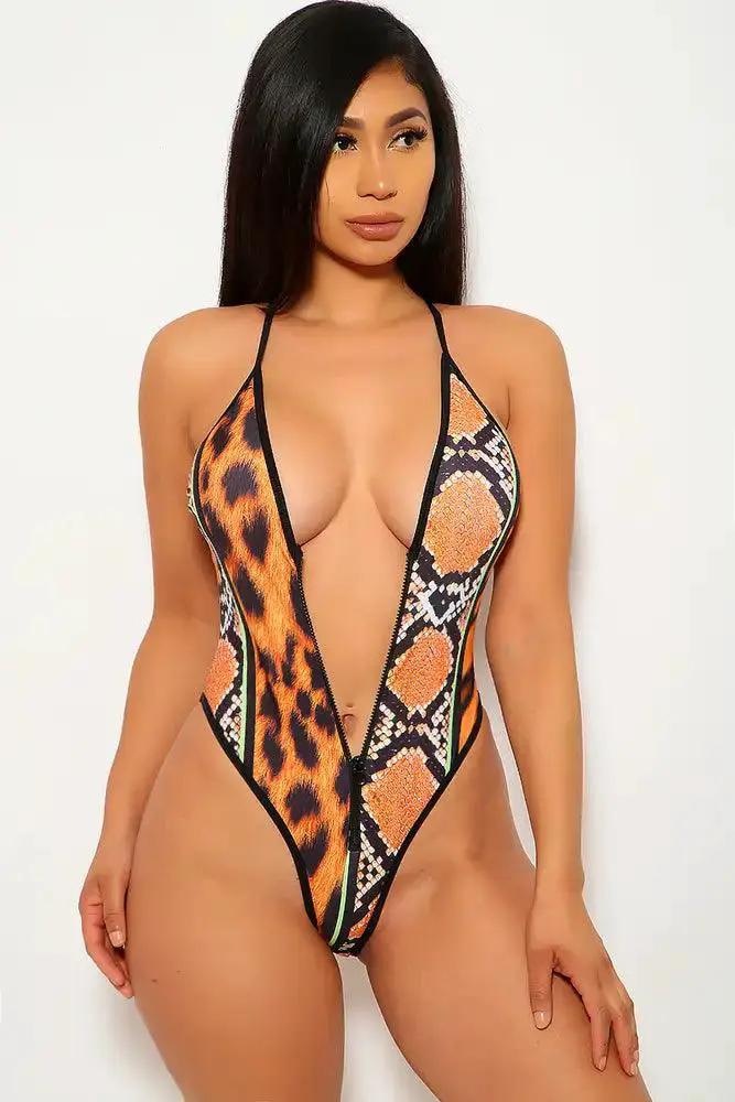 Animal Print Black Plunging Two Piece Swimsuit