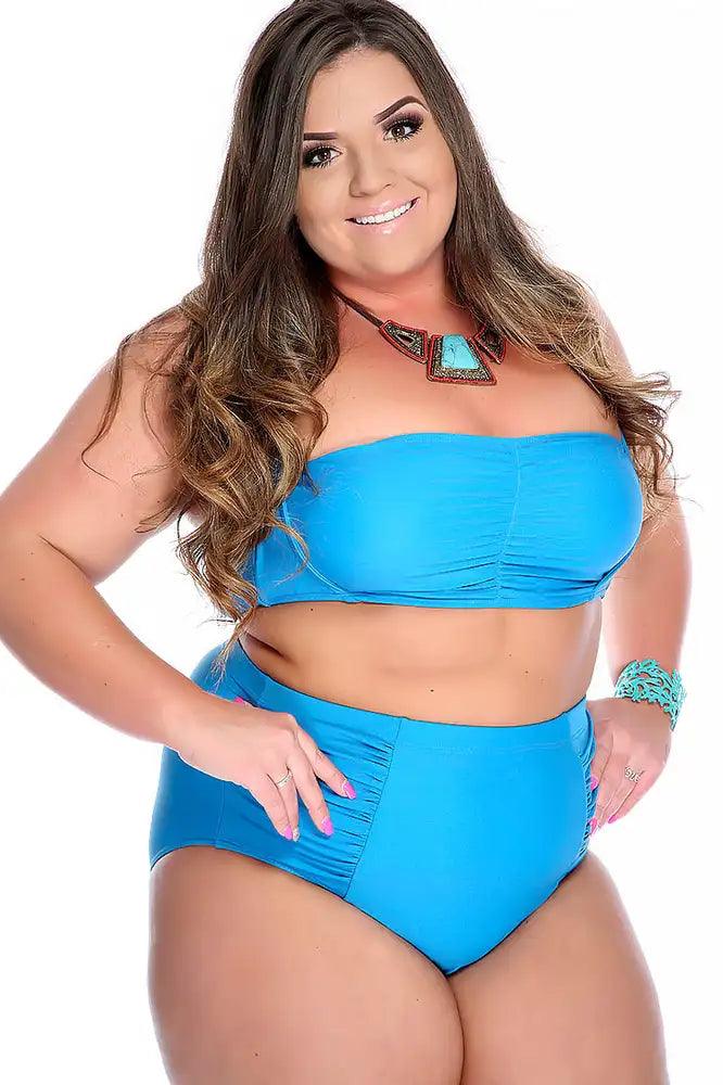 Aqua Bold Halter Top Ruched High Waist Two Piece Swimsuit Plus - AMIClubwear