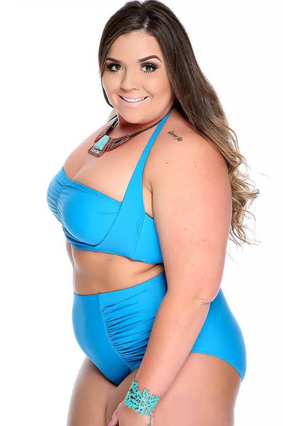 Aqua Bold Halter Top Ruched High Waist Two Piece Swimsuit Plus - AMIClubwear