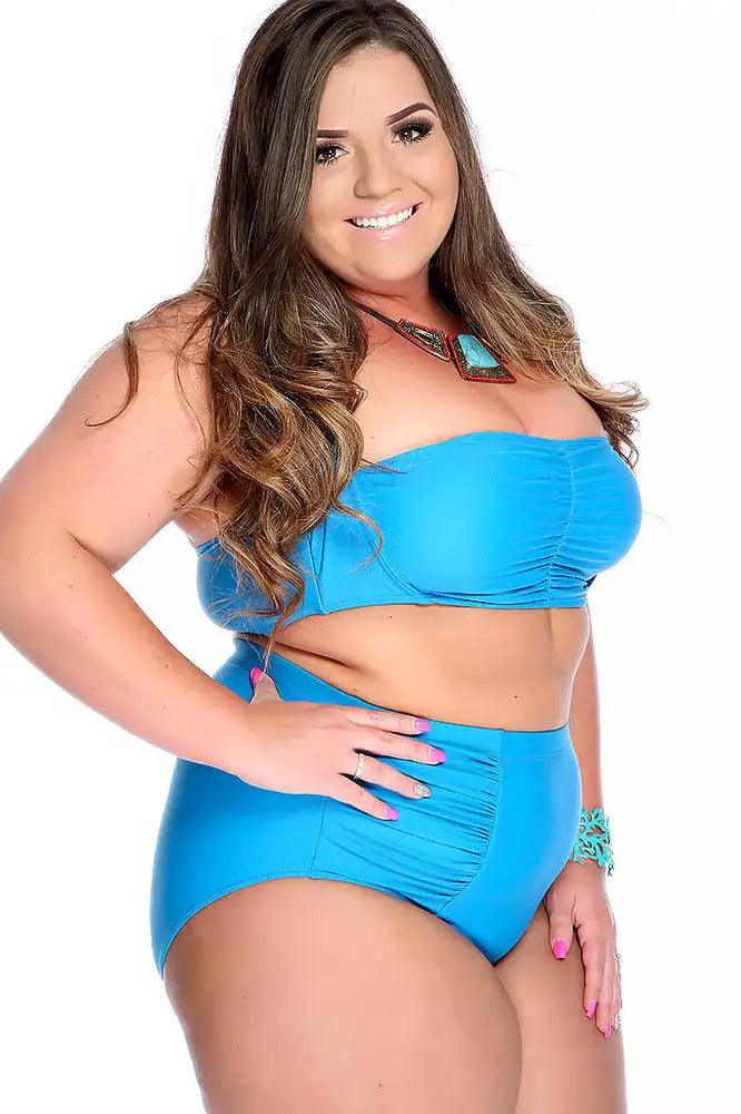 Aqua Bold Halter Top Ruched High Waist Two Piece Swimsuit Plus - AMIClubwear