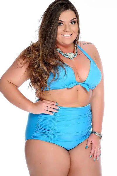 Aqua Bold Pleated Halter Ruched High Waisted Two Piece Swimsuit Plus - AMIClubwear