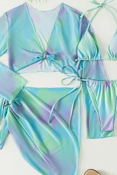 Aqua Tie Dye Triangle Top Cheeky 4 Pc Swimsuit With Cover Up - AMIClubwear