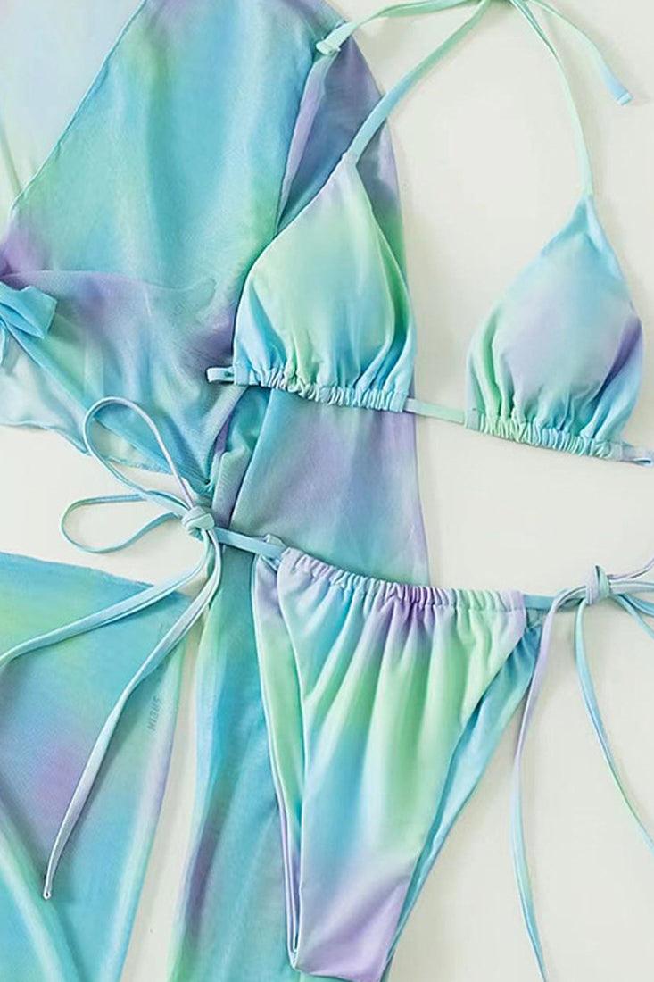 Aqua Tie Dye Triangle Top Cheeky 4 Pc Swimsuit With Cover Up - AMIClubwear