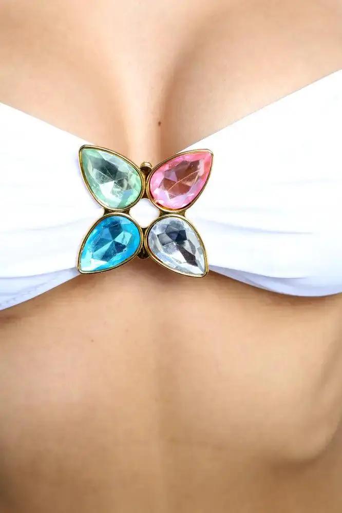 Aqua White Gemstone Pendant Sexy Bandeau Swimsuit