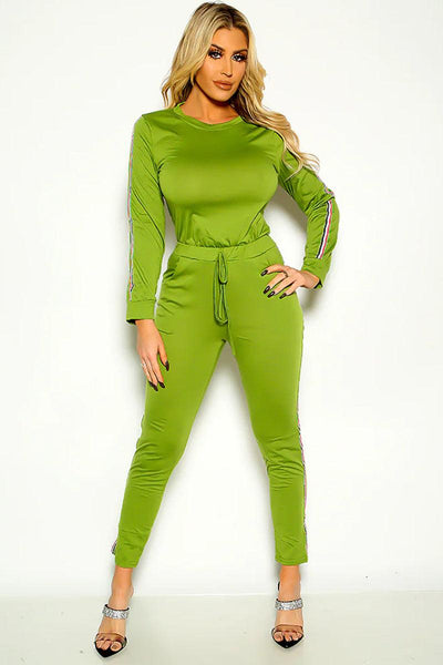 Army Green Striped Long Sleeve Top & Leggings Set - AMIClubwear