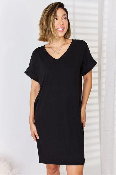 Zenana Full Size Rolled Short Sleeve V-Neck Dress - AMIClubwear