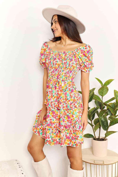 Double Take Smocked Sweetheart Neck Flounce Sleeve Mini Dress - AMIClubwear