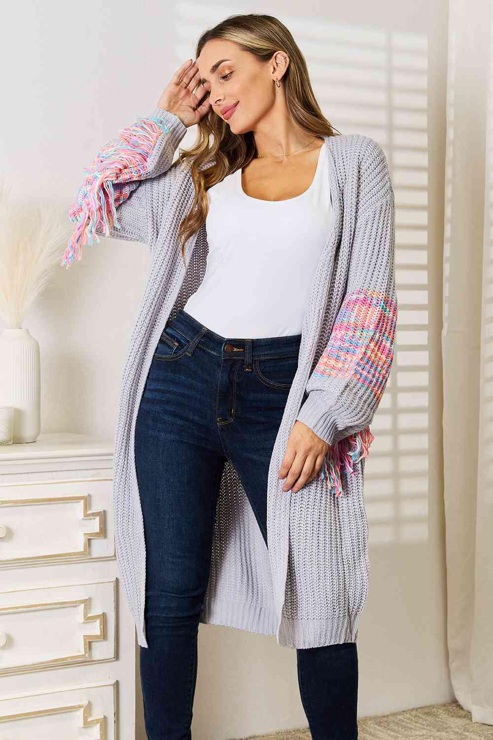 Woven Right Fringe Sleeve Dropped Shoulder Cardigan - AMIClubwear