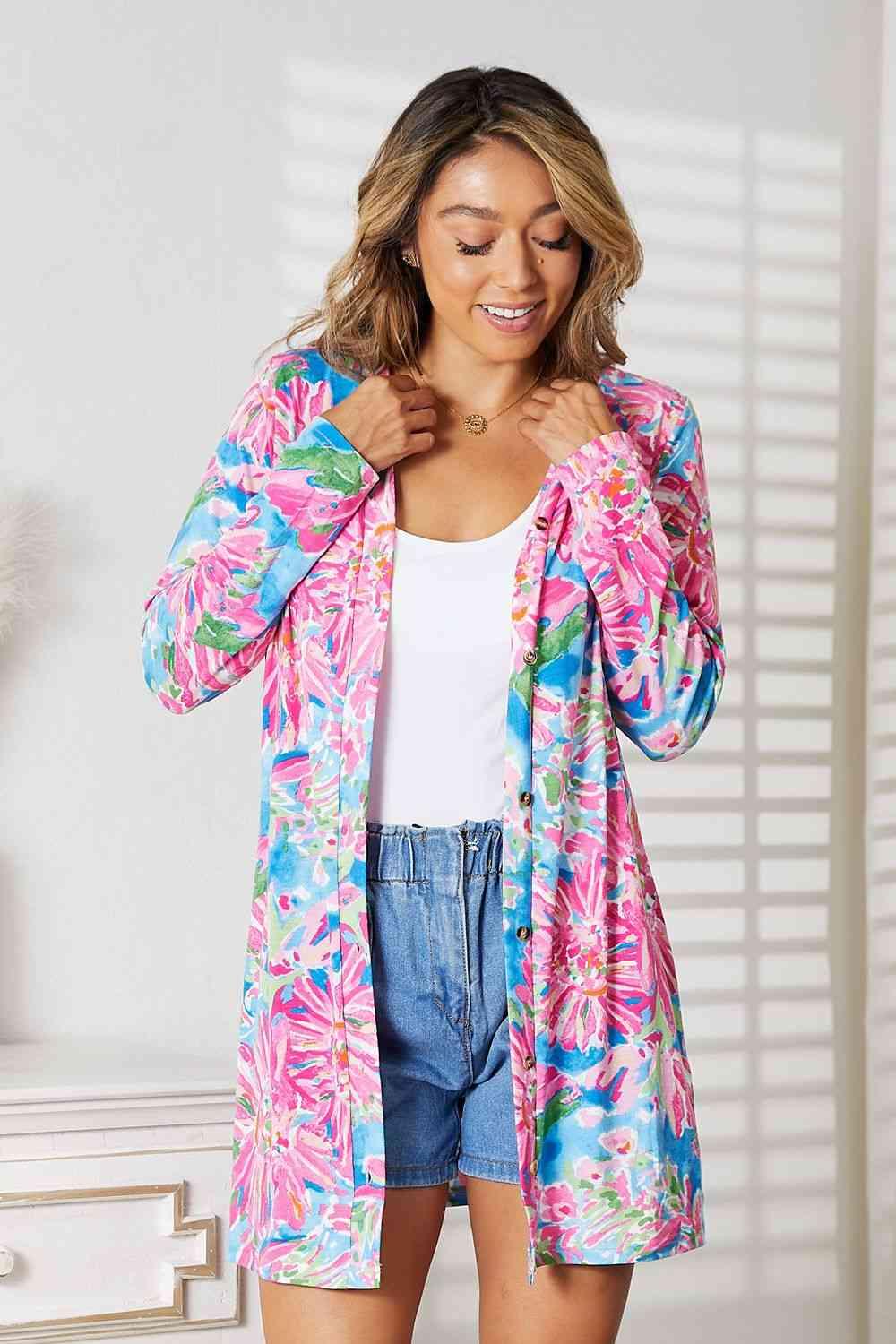 Double Take Floral Open Front Long Sleeve Cardigan - AMIClubwear