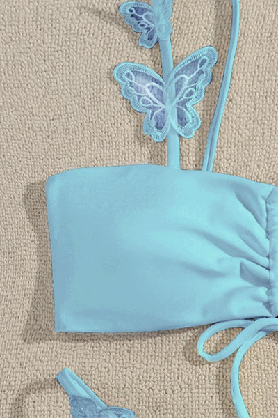 Baby Blue Butterfly Accent Ruched Two Piece Bikini - AMIClubwear