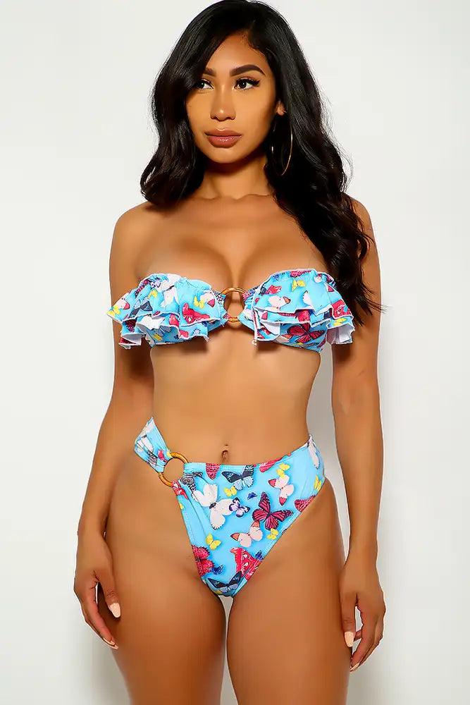 Baby Blue Butterfly Print Two Piece Swimsuit - AMIClubwear