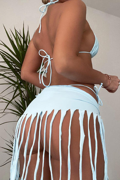 Baby Blue Fringe Accent Sexy Three Piece Swimsuit - AMIClubwear