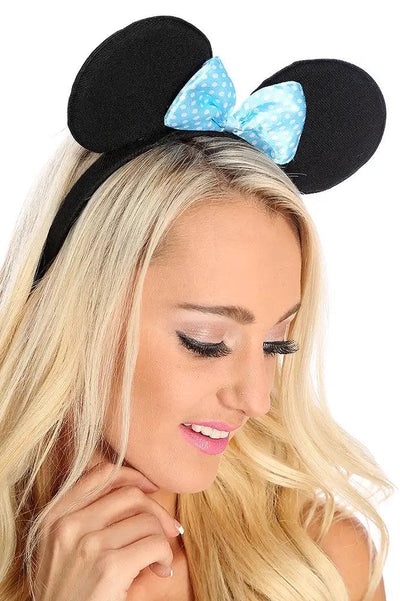 Baby Blue Polka Dot Print Bow Mouse Ears - AMIClubwear