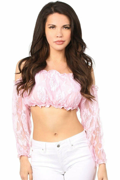 Baby Pink Lined Lace Long Sleeve Peasant Top - Daisy Corsets