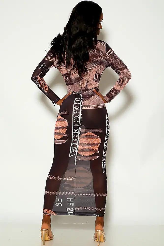 Back Multi Money Print Long Sleeve Mesh Maxi Dress - AMIClubwear