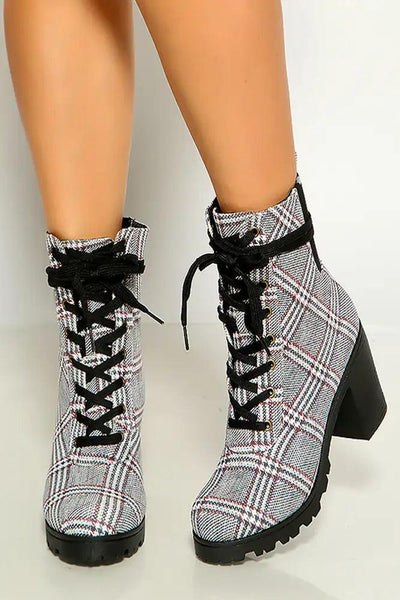 Back White Fabric Lace Up Round Toe Boots - AMIClubwear