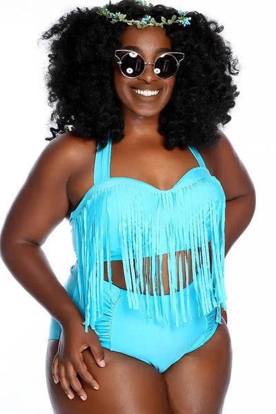 Bahama Blue Fringe Halter Ruched High Waist Two Piece Swimsuit Plus - AMIClubwear