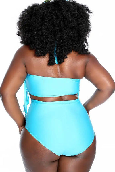Bahama Blue Fringe Halter Ruched High Waist Two Piece Swimsuit Plus - AMIClubwear