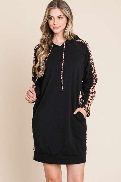 Culture Code Drawstring Leopard Long Sleeve Hooded Dress - AMIClubwear