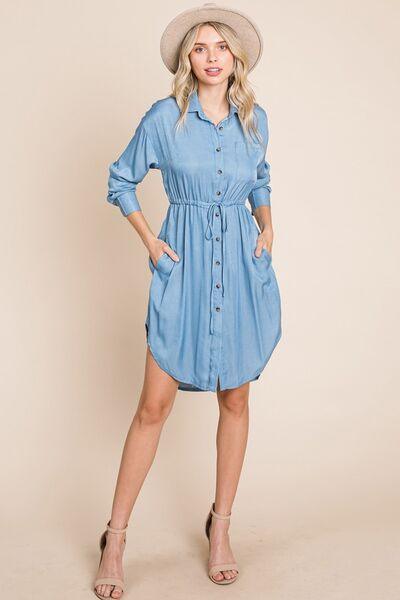 Faith Apparel Button Up Drawstring Shirt Dress - AMIClubwear