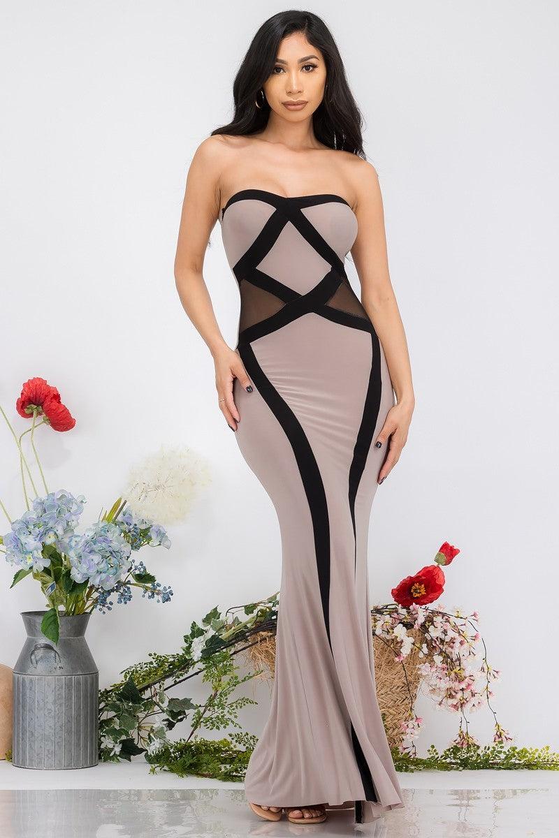 Beige Black Strapless Maxi Dress - AMIClubwear