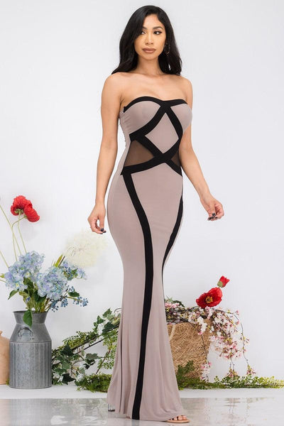 Beige Black Strapless Maxi Dress - AMIClubwear