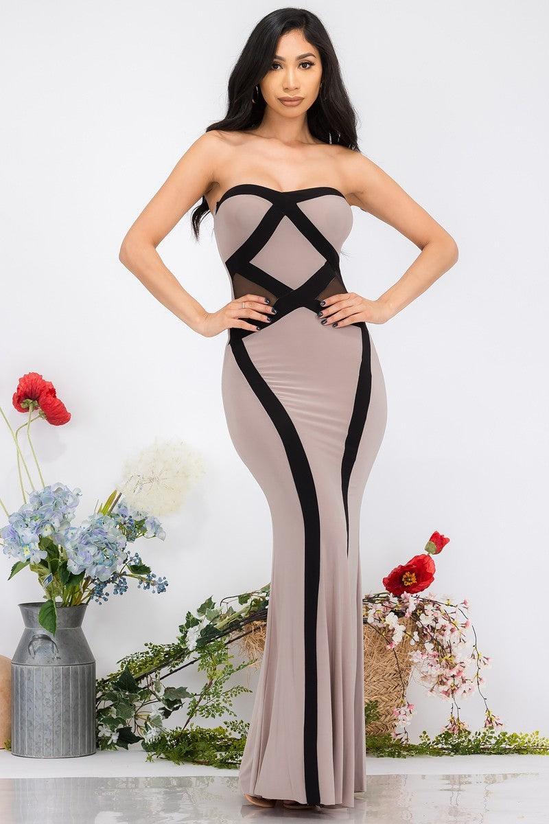 Beige Black Strapless Maxi Dress - AMIClubwear