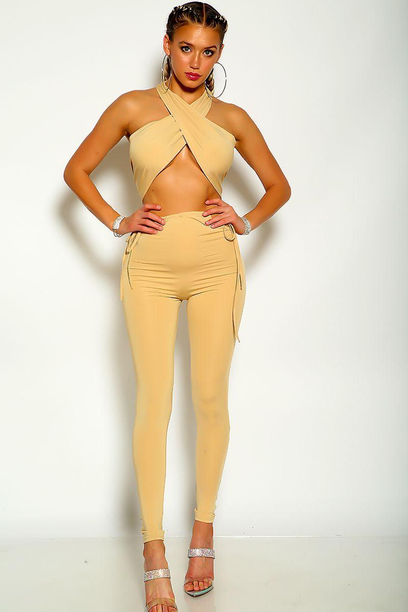 Beige Colored Cross Halter Wrap Around Two Piece Outfit - AMIClubwear
