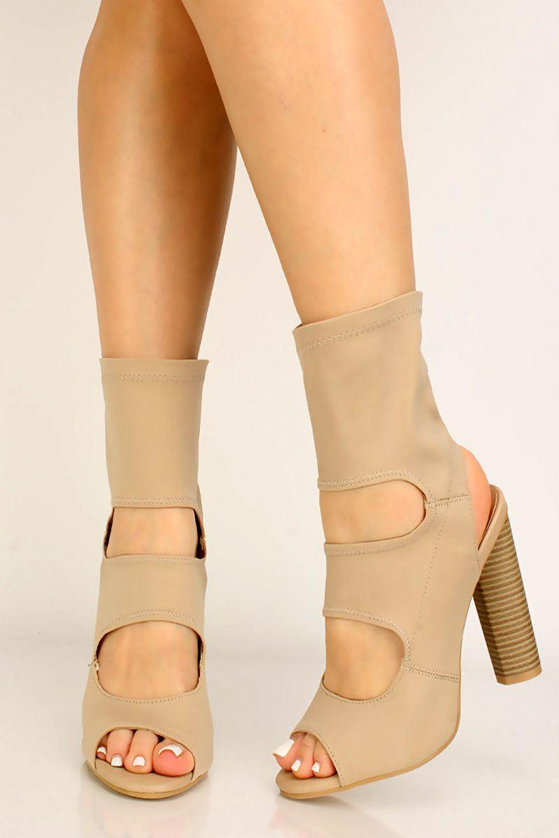 Beige Cut Out Peep Toe Lycra Knit Booties - AMIClubwear