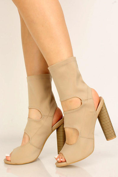 Beige Cut Out Peep Toe Lycra Knit Booties - AMIClubwear