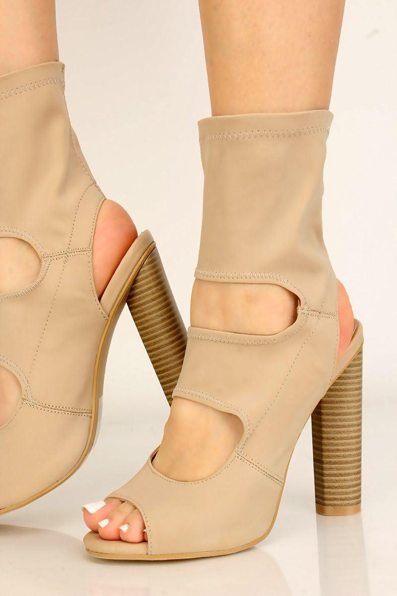 Beige Cut Out Peep Toe Lycra Knit Booties - AMIClubwear