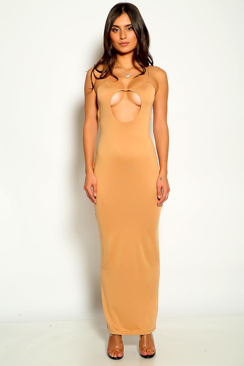 Beige Cut Out Sleeveless Back Strappy Maxi Sexy Party Dress - AMIClubwear