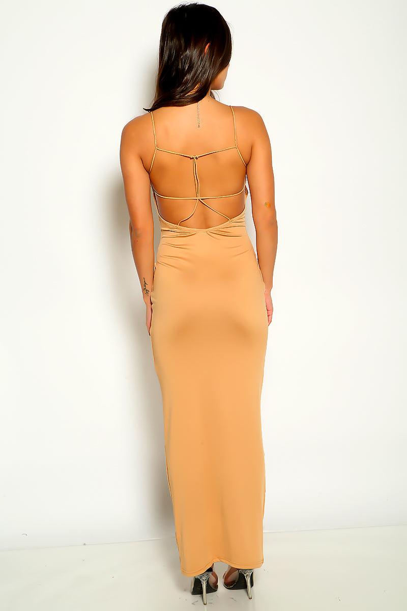 Beige Cut Out Sleeveless Back Strappy Maxi Sexy Party Dress - AMIClubwear
