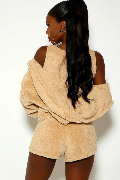 Beige Faux Fur Hooded Three Piece Outfit - AMIClubwear