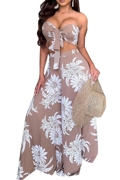 Beige Floral Print Smocked Flared Two Piece Outfit - AMIClubwear