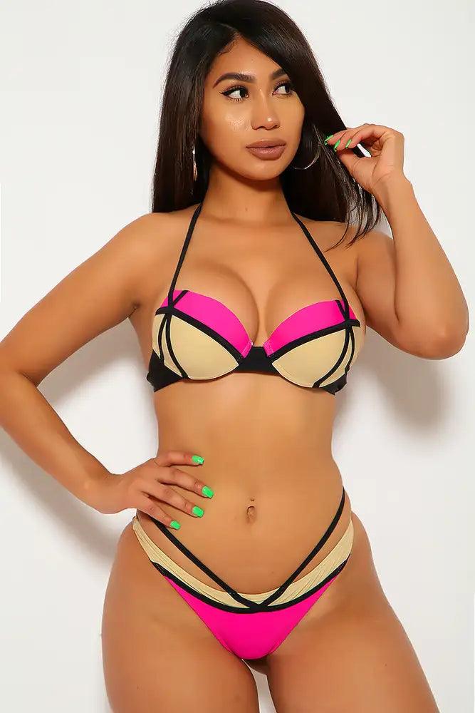 Beige Fuchsia Strappy Two Piece Swimsuit - AMIClubwear