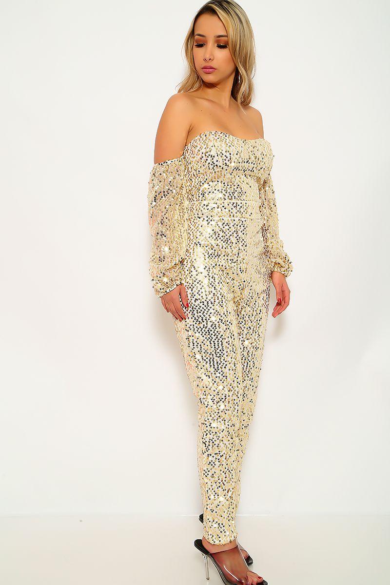 Beige Gold Sequins Off The Shoulder Jumpsuit - AMIClubwear