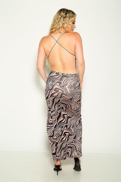Beige Graphic Print Maxi Party Dress - AMIClubwear