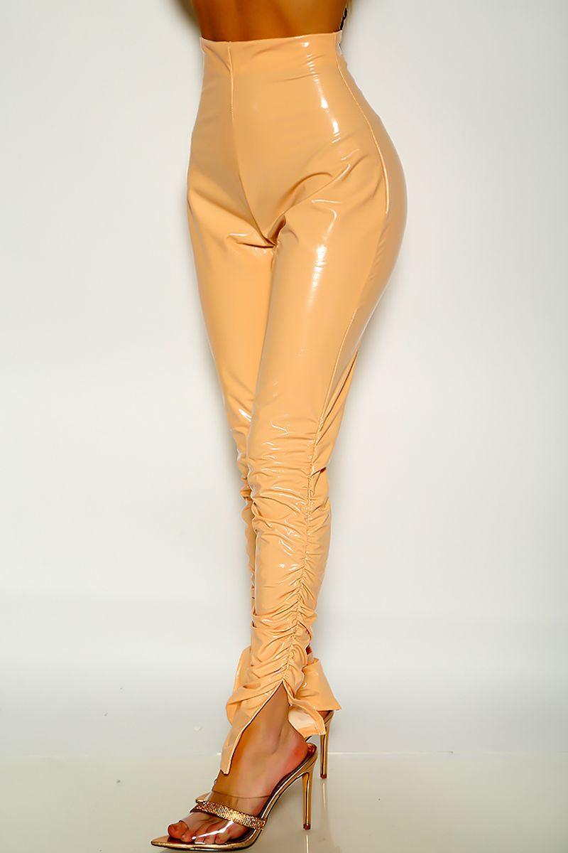 Beige High Waist Patent Leather Ruched Ankle Slit Pants - AMIClubwear
