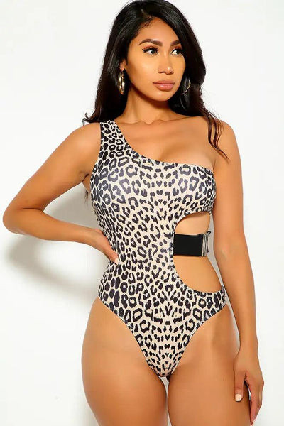 Beige Leopard Print Cut Out Monokini - AMIClubwear