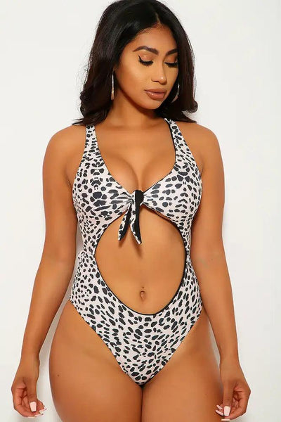 Beige Leopard Print Cut Out One Piece Swimsuit - AMIClubwear