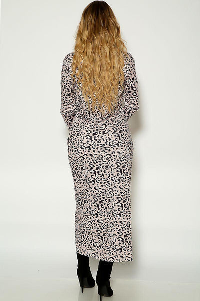 Beige Leopard Print Midi Dress And Cardigan Set - AMIClubwear