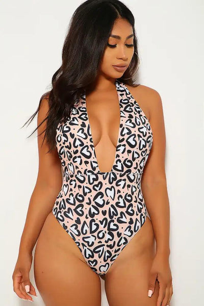 Beige Leopard Print Plunging Neckline One Piece Swimsuit - AMIClubwear