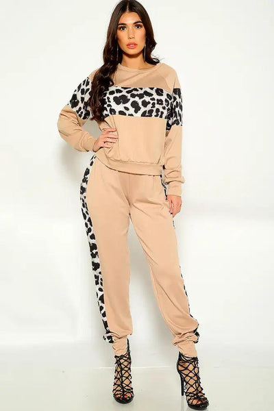 Beige Leopard Two Tone Long Sleeve Outfit - AMIClubwear