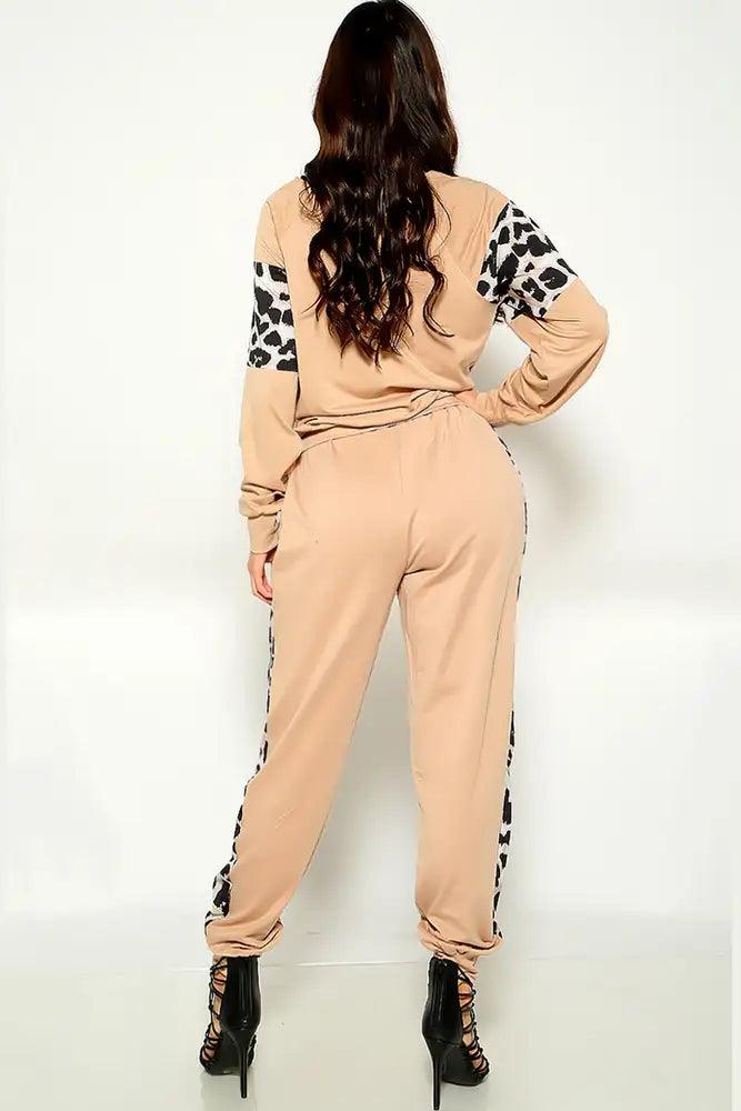 Beige Leopard Two Tone Long Sleeve Outfit - AMIClubwear