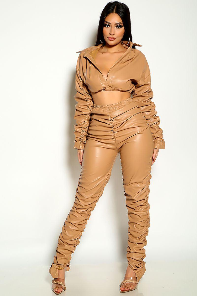 Beige Long Sleeve Cropped Faux Leather Ruched Two Piece Outfit - AMIClubwear