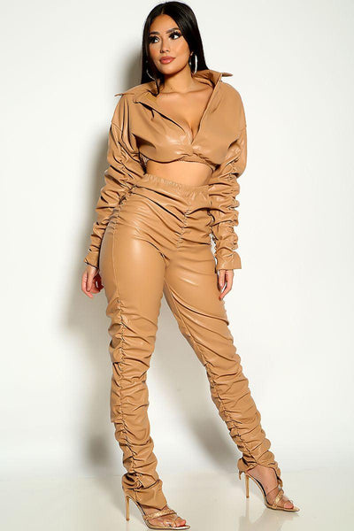 Beige Long Sleeve Cropped Faux Leather Ruched Two Piece Outfit - AMIClubwear