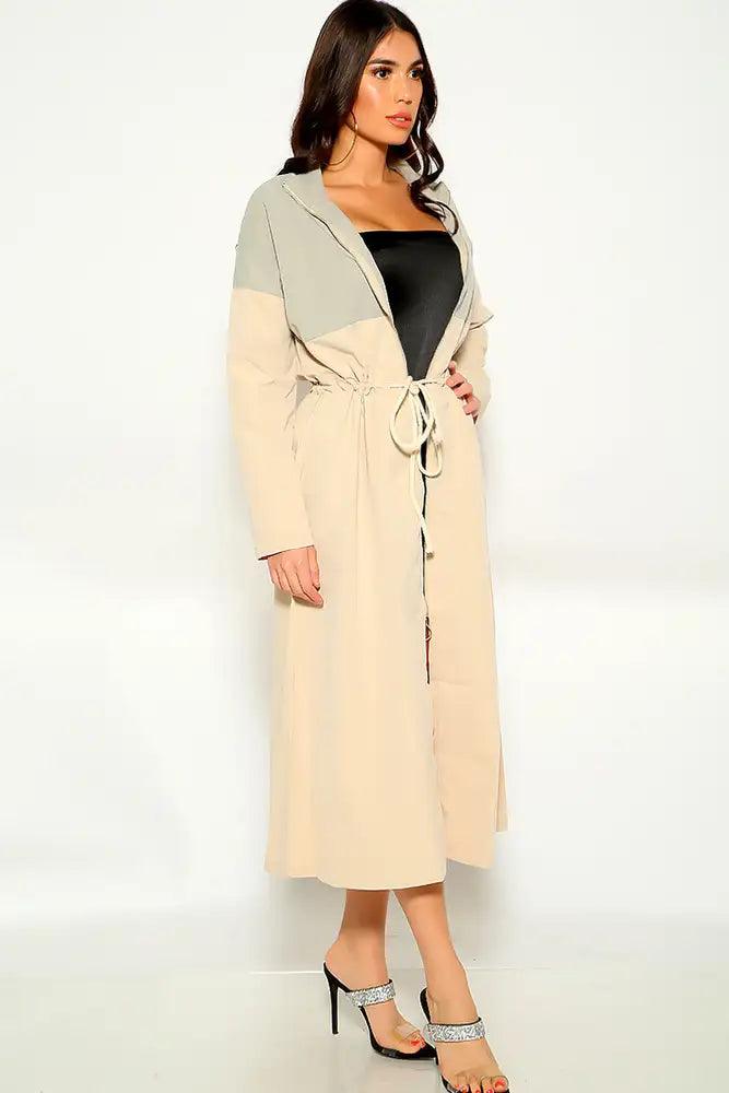 Beige Long Sleeve Front Tie Trench Coat - AMIClubwear