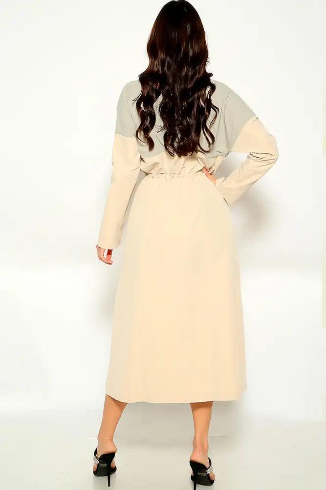 Beige Long Sleeve Front Tie Trench Coat - AMIClubwear