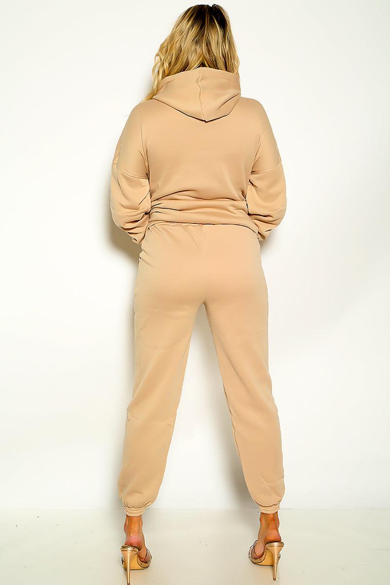 Beige Long Sleeve Hooded Cozy Lounge Wear 2 Pc Outfit - AMIClubwear